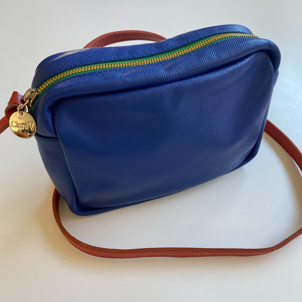 Clare V Royal Blue Crossbody Bag with Brown Strap and Gold Hardware